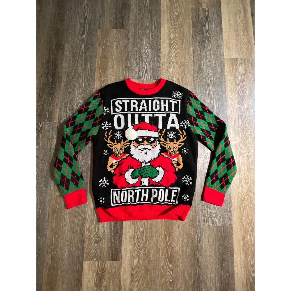 Holiday Time Ugly Christmas Sweater Mens L Black Straight Outta North Pole Exc